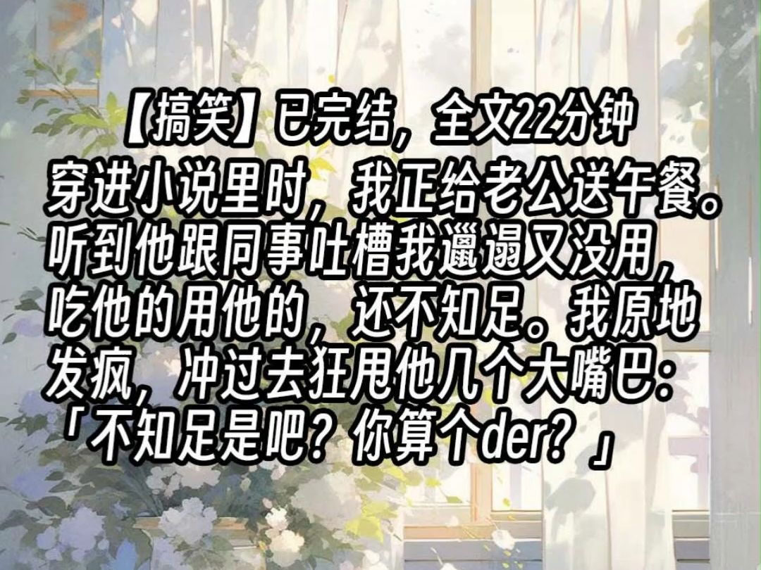 【已更完】穿进小说里时,我正给老公送午餐.听到他跟同事吐槽我邋遢又没用,吃他的用他的,还不知足.我原地发疯,冲过去狂甩他几个大嘴巴:「不知...