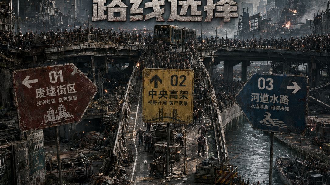 一场病毒危机全球爆发，城市已彻底失守并陷入混乱，在你绝望之际，你的面前出现了三条求生路线，但只能选择一条，你选择 ？
