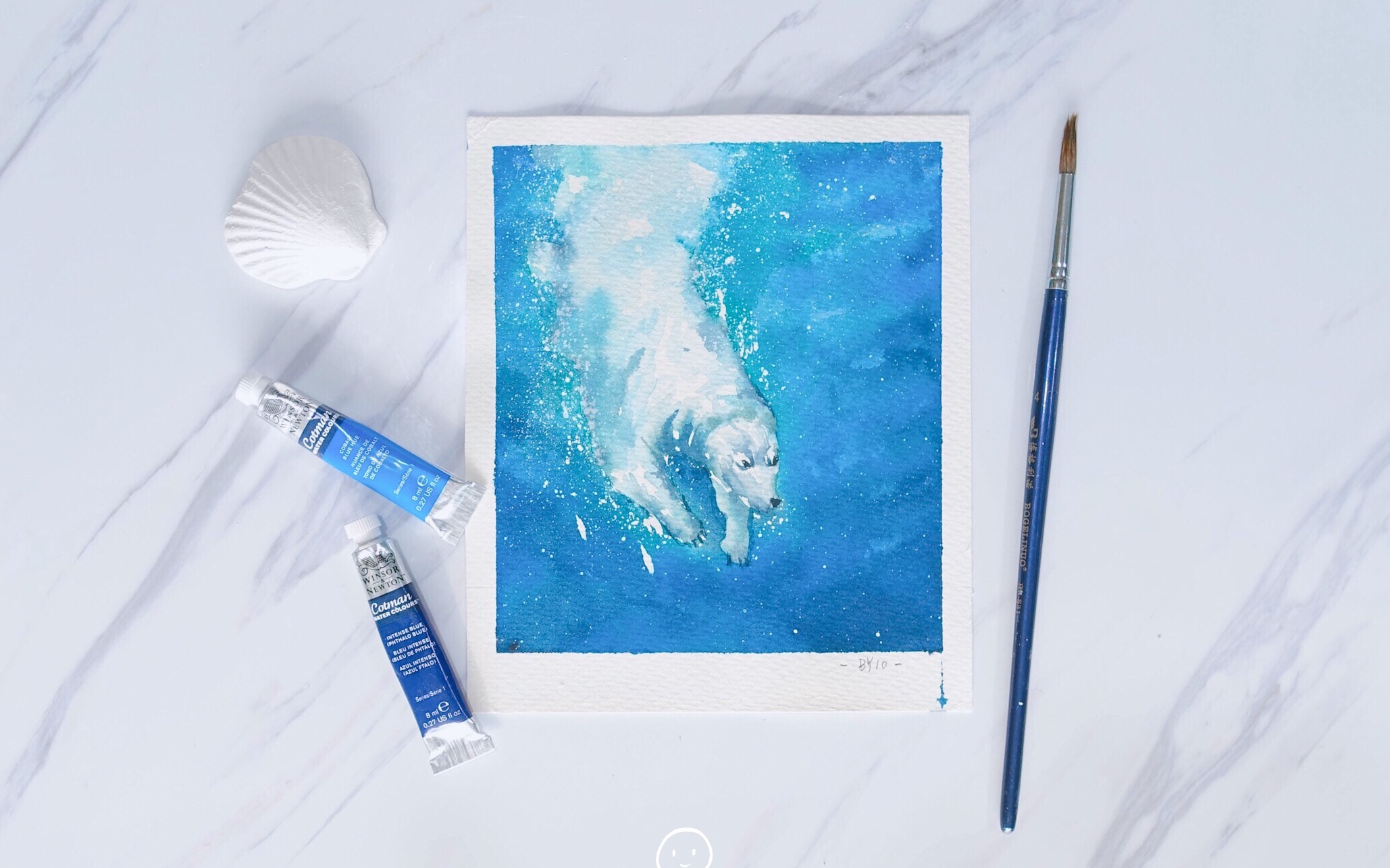 【水彩】入水的北极熊/过程,一首歌的时间画起来吧~尊的超级简单