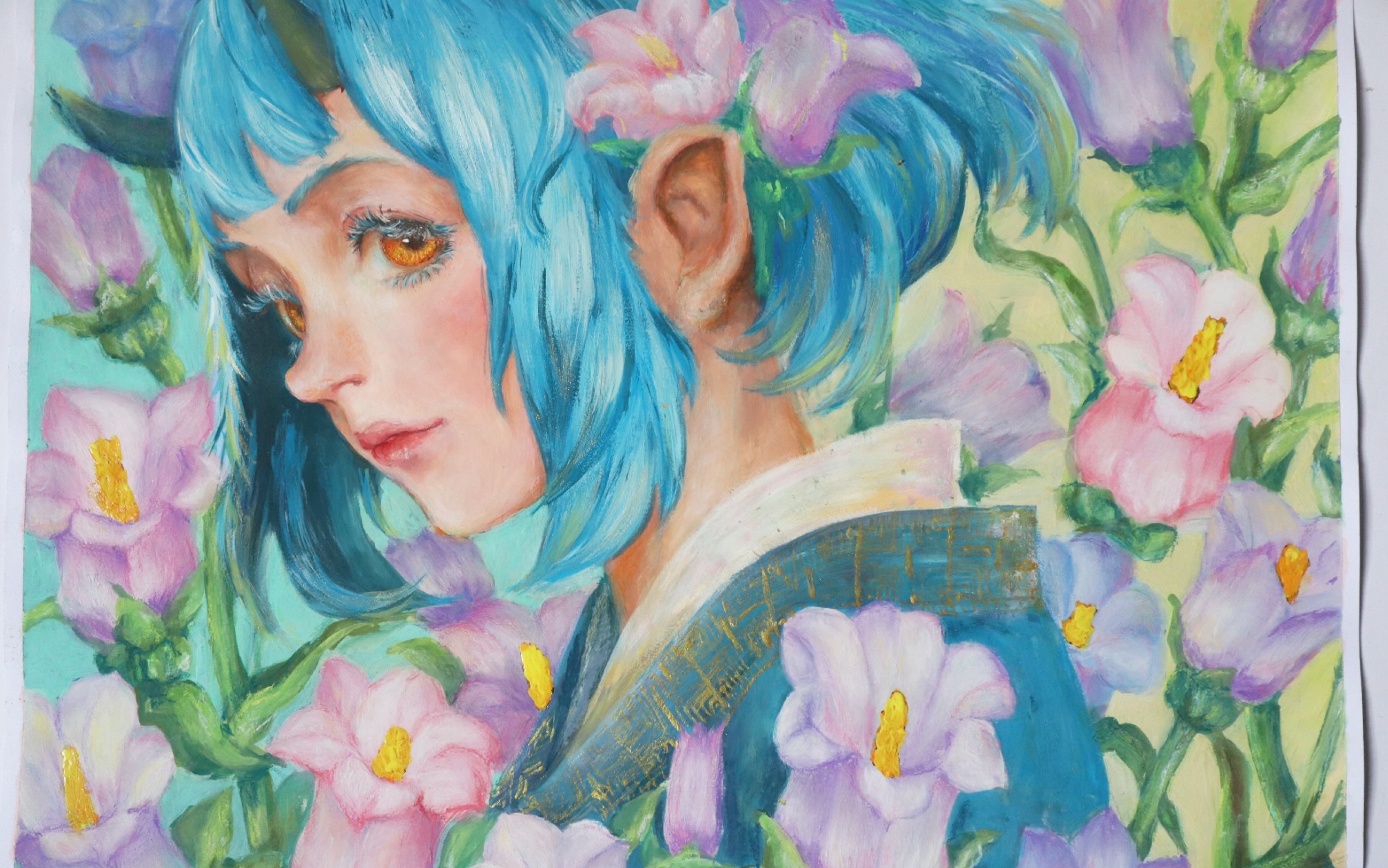 【水粉】临摹k大的一副画,风铃草蓝发少女,水粉手绘_哔哩哔哩_bili