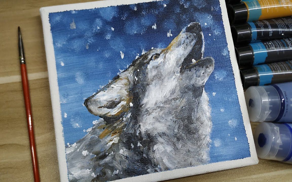 【丙烯画】【绘画教程】雪地里的狼-a wolf in the snow