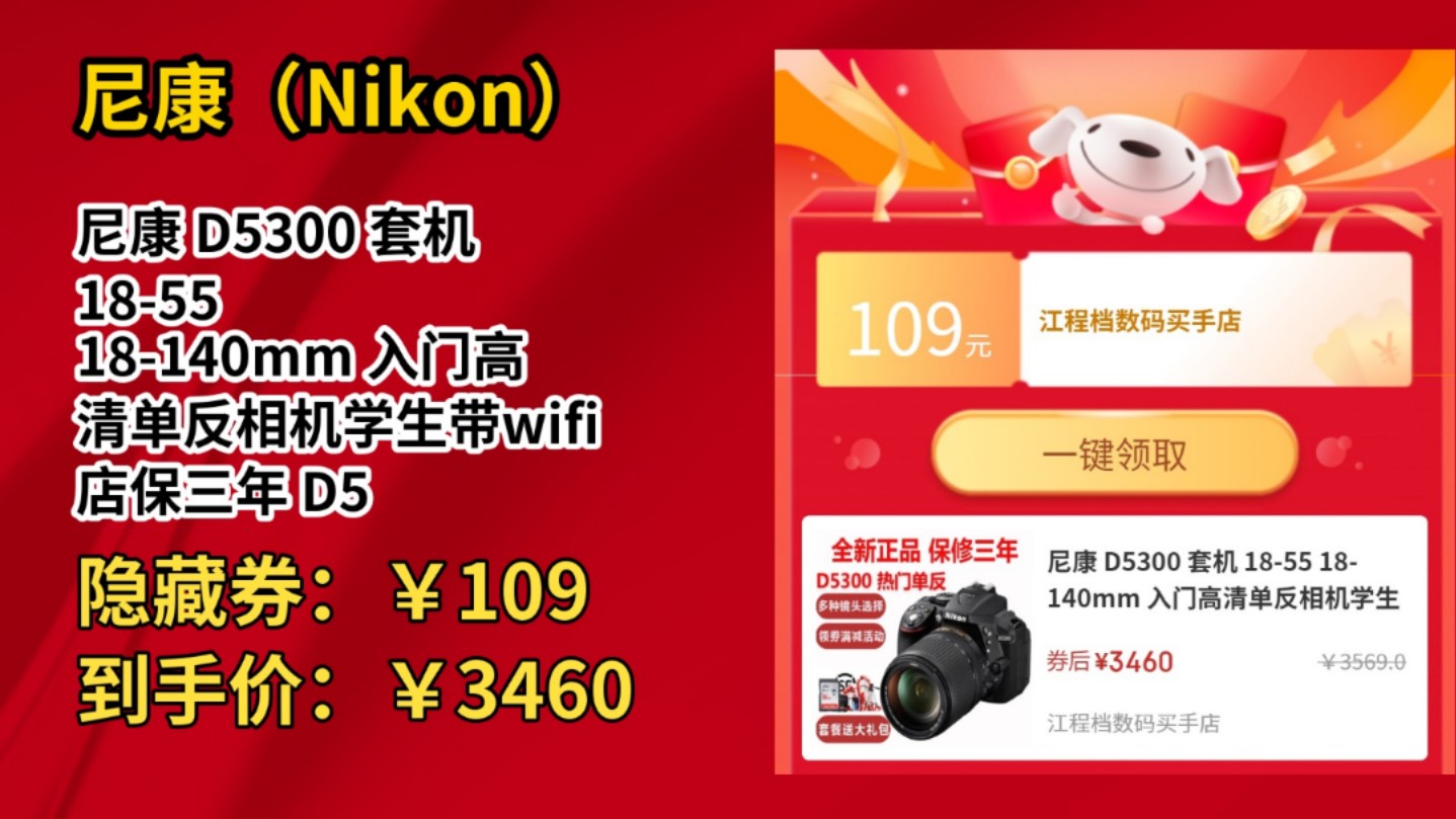 [90天新低]尼康 D5300 套机 1855 18140mm 入门高清单反相机学生带wifi 店保三年 D5300+1855日常镜头 满足日常 官方标配哔哩哔哩bilibili