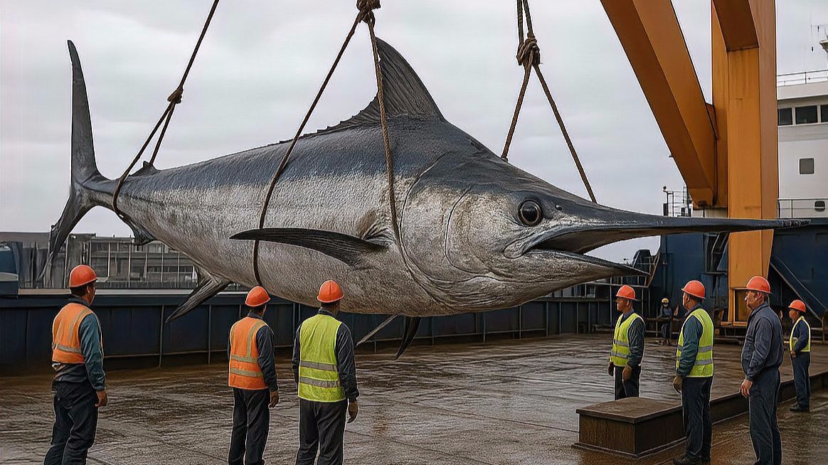 狠人宰杀巨型剑鱼,600斤的巨型剑鱼被剁成大鱼块,手法很厉害