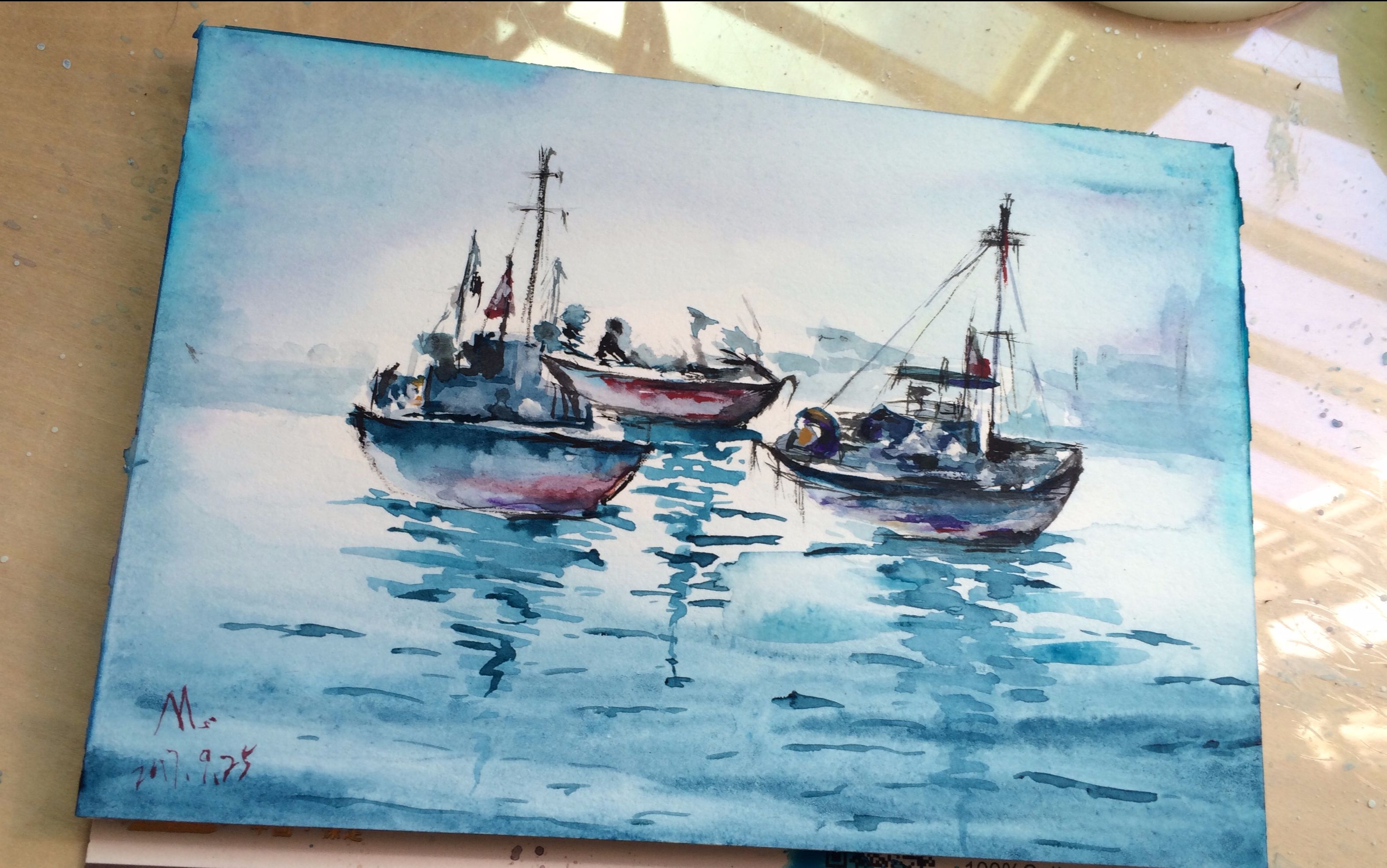 手绘一幅写意的水彩帆船