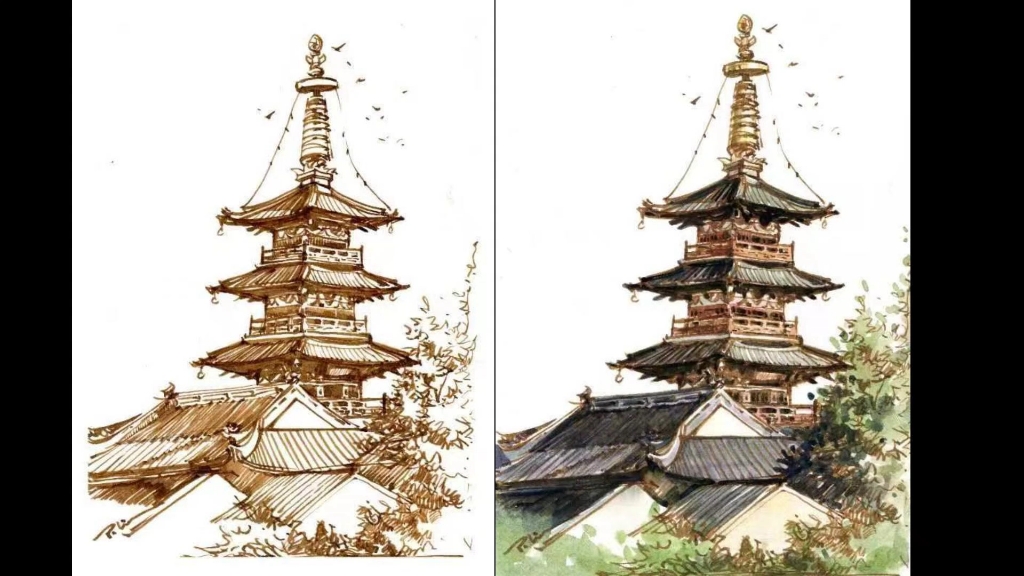 寒山寺 钢笔速写淡彩
