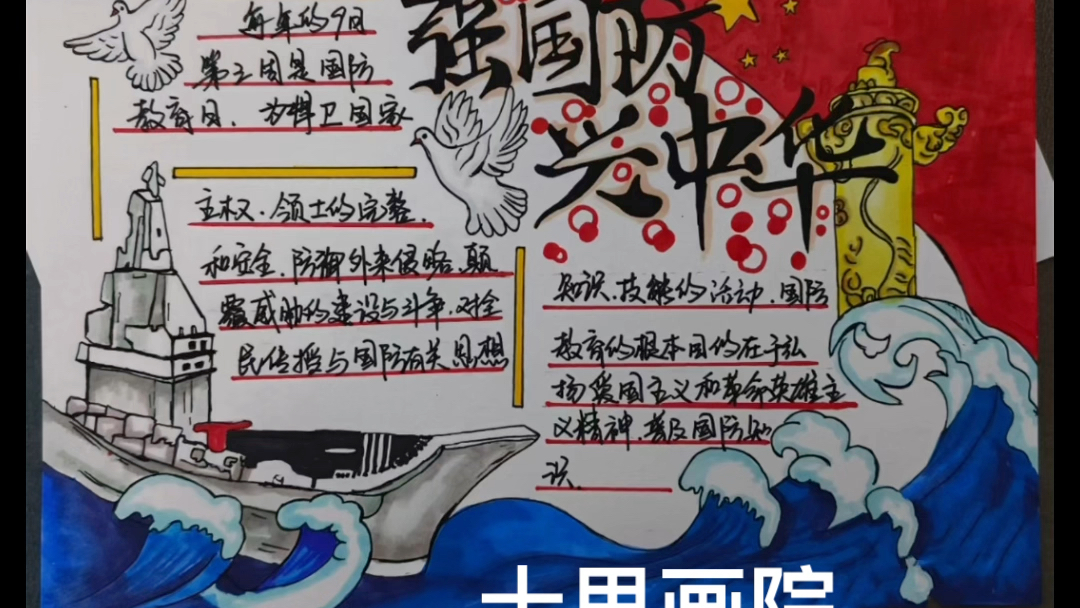 国防安全手抄报儿童画代画国防教育和平海报世界和平小报线稿过程素材