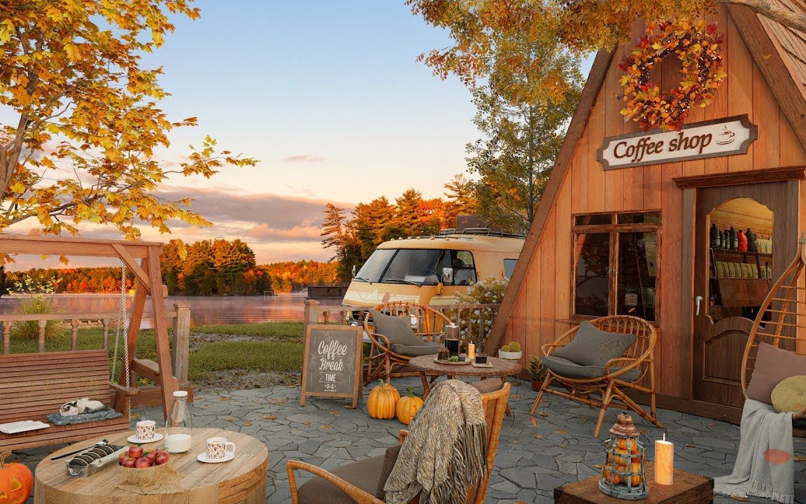 【白噪音】6小时丨湖边的户外咖啡店(秋天的夕阳 吉他音乐)