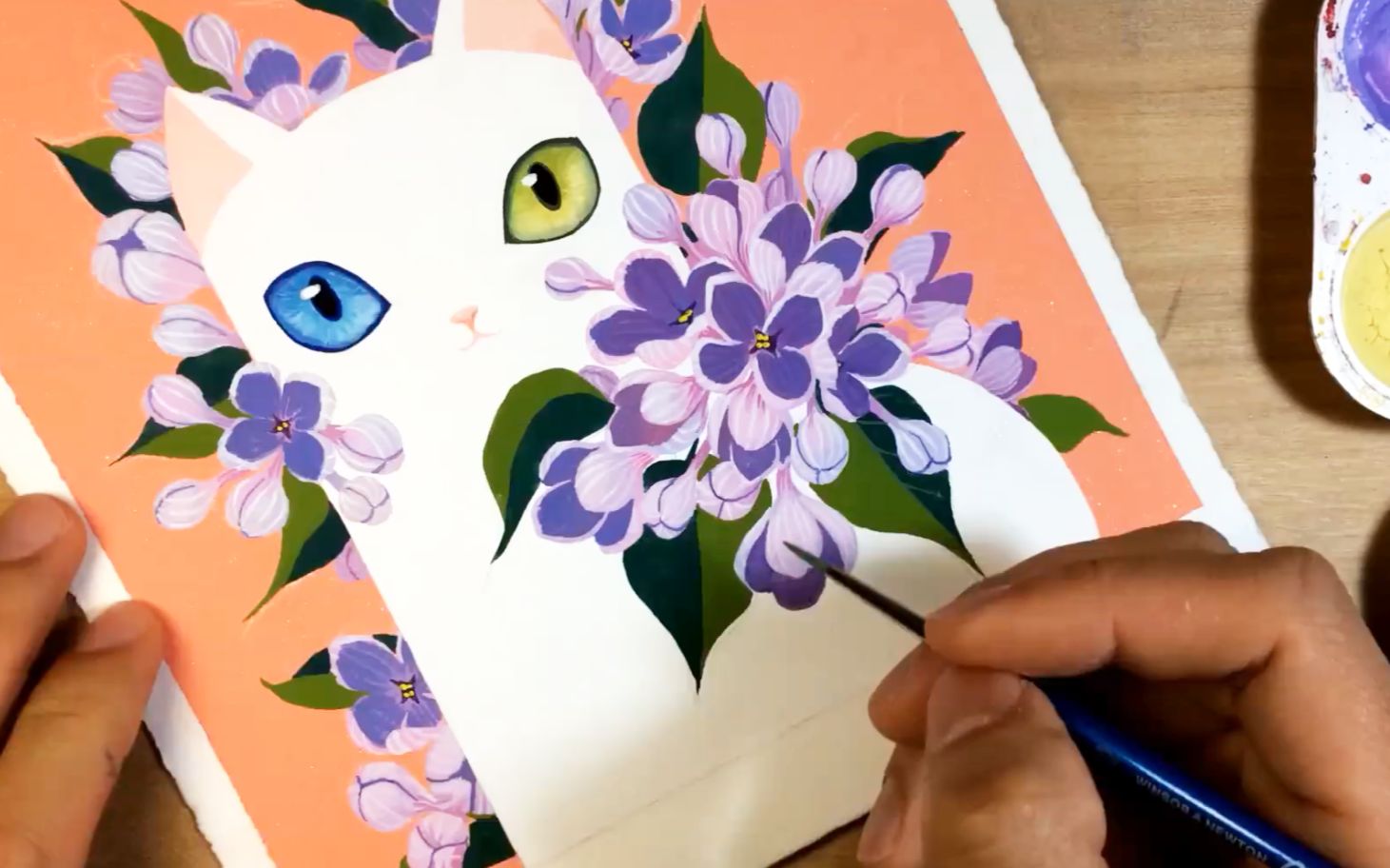 被紫丁香花包围的猫咪,创意水彩