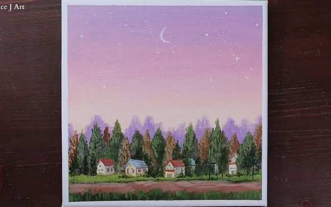 丙烯画风景画宁静的乡村初学者可学的丙烯颜料风景画