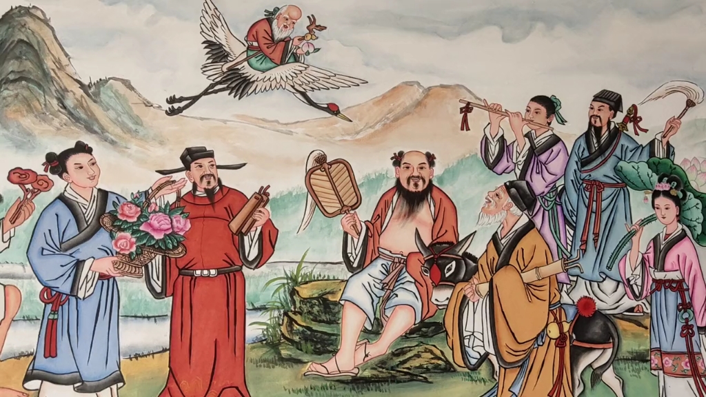 手绘八仙祝寿 此幅场景为八仙聚于蓬莱山水之间,商议三月三日,为王母