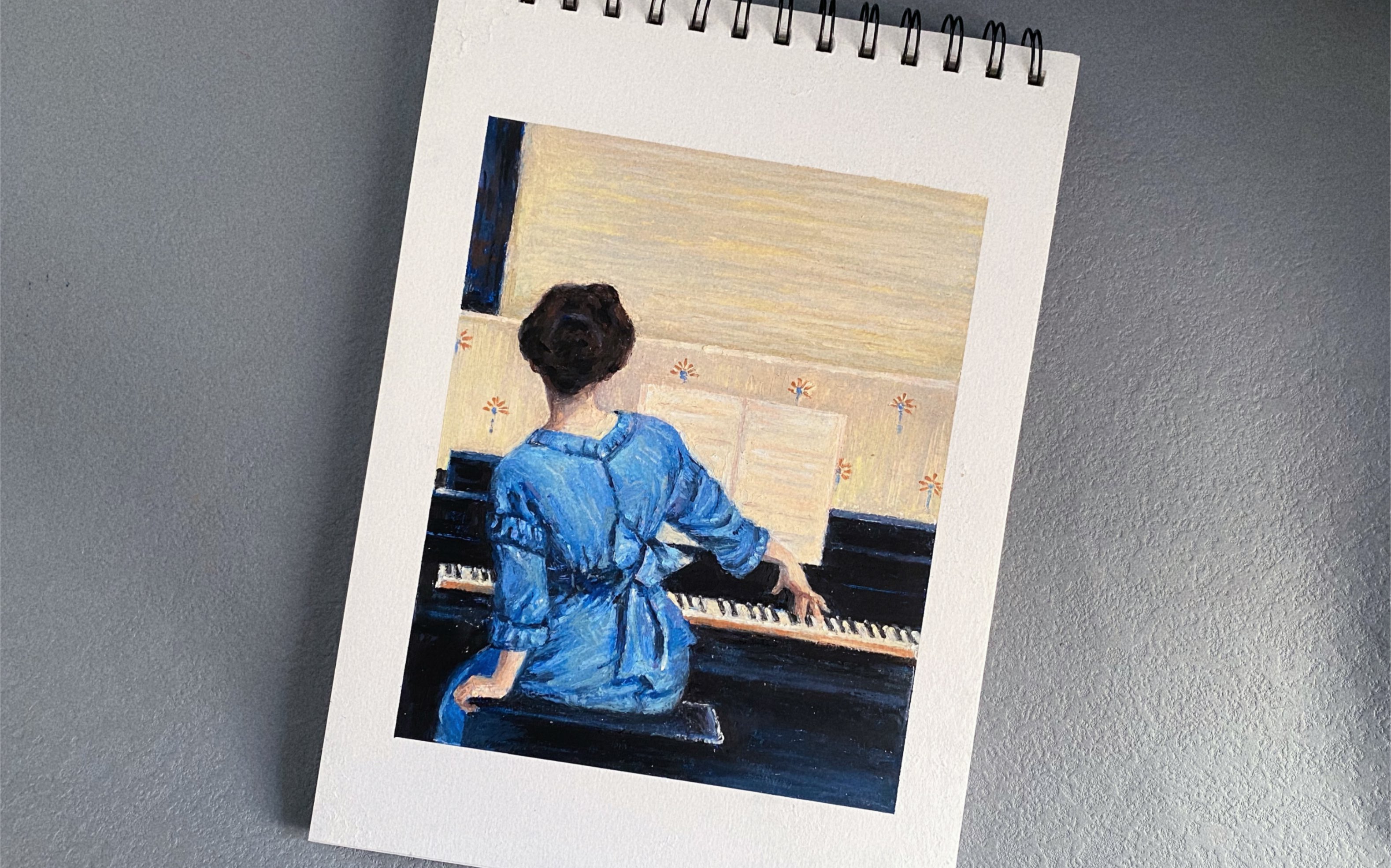 弹钢琴的女人背影油画图片
