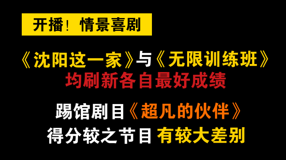 [图]【开播！情景喜剧】剧目评分  第七谈：《沈阳这一家》与《无限训练班》均刷新各自最好成绩，踢馆剧目《超凡的伙伴》得分较之节目有较大差别