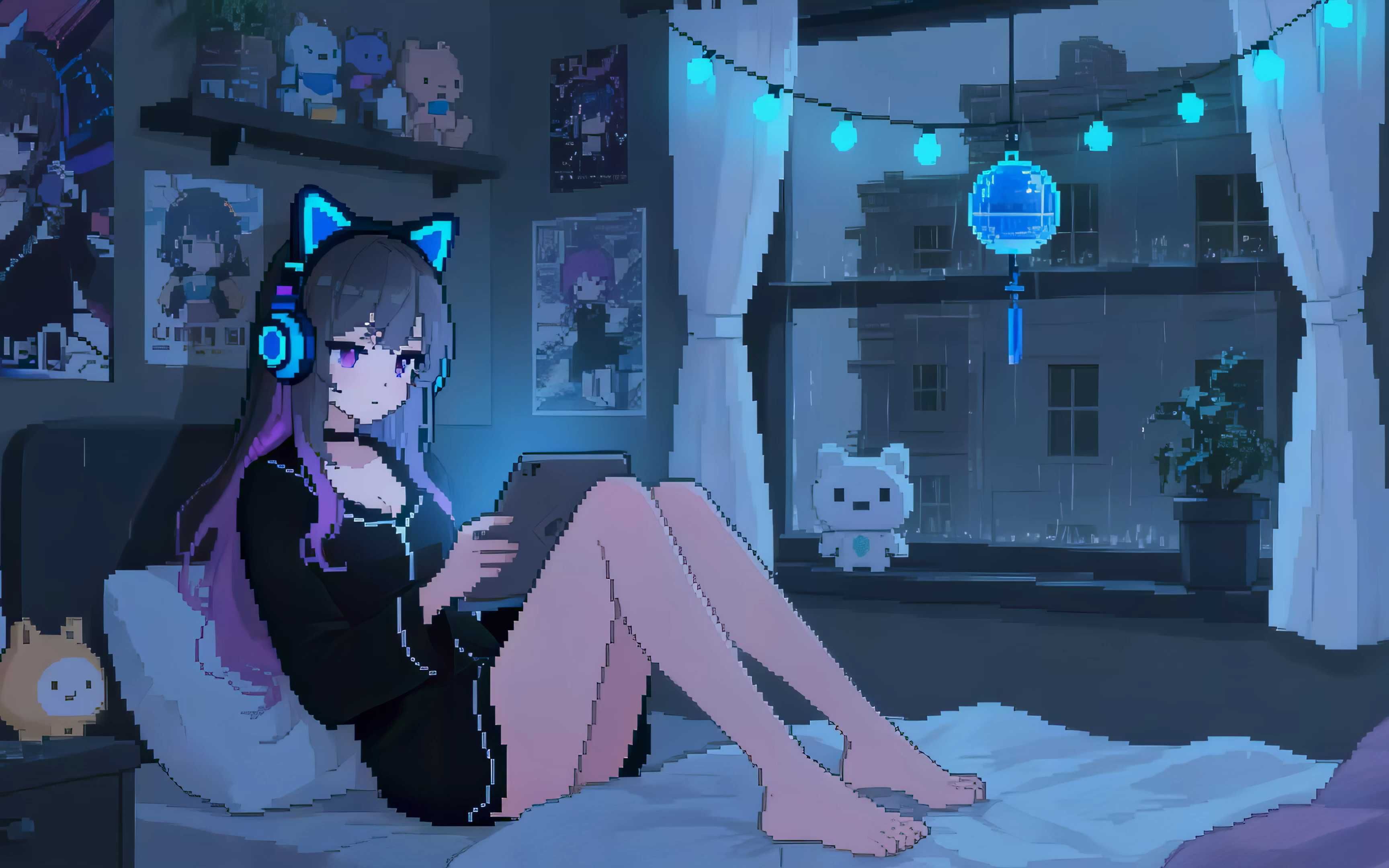 像素风雨天居家游戏女孩