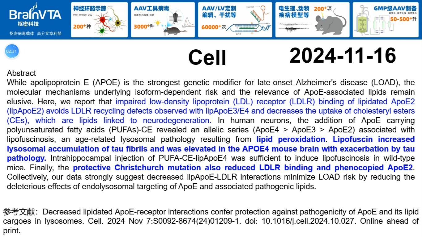 Cell—ApoE2和Christchurch突变型APOE对AD的预防作用依赖于其对LDLR的结合降低及对脂褐质沉积的抑制哔哩哔哩bilibili