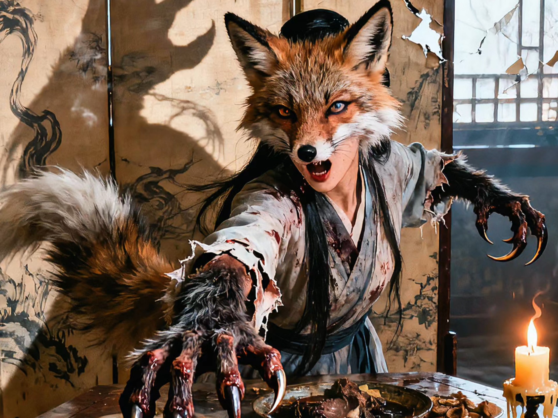 忽现原形,长嗥一声,纵身扑击.案上酒肴尽化为粪秽