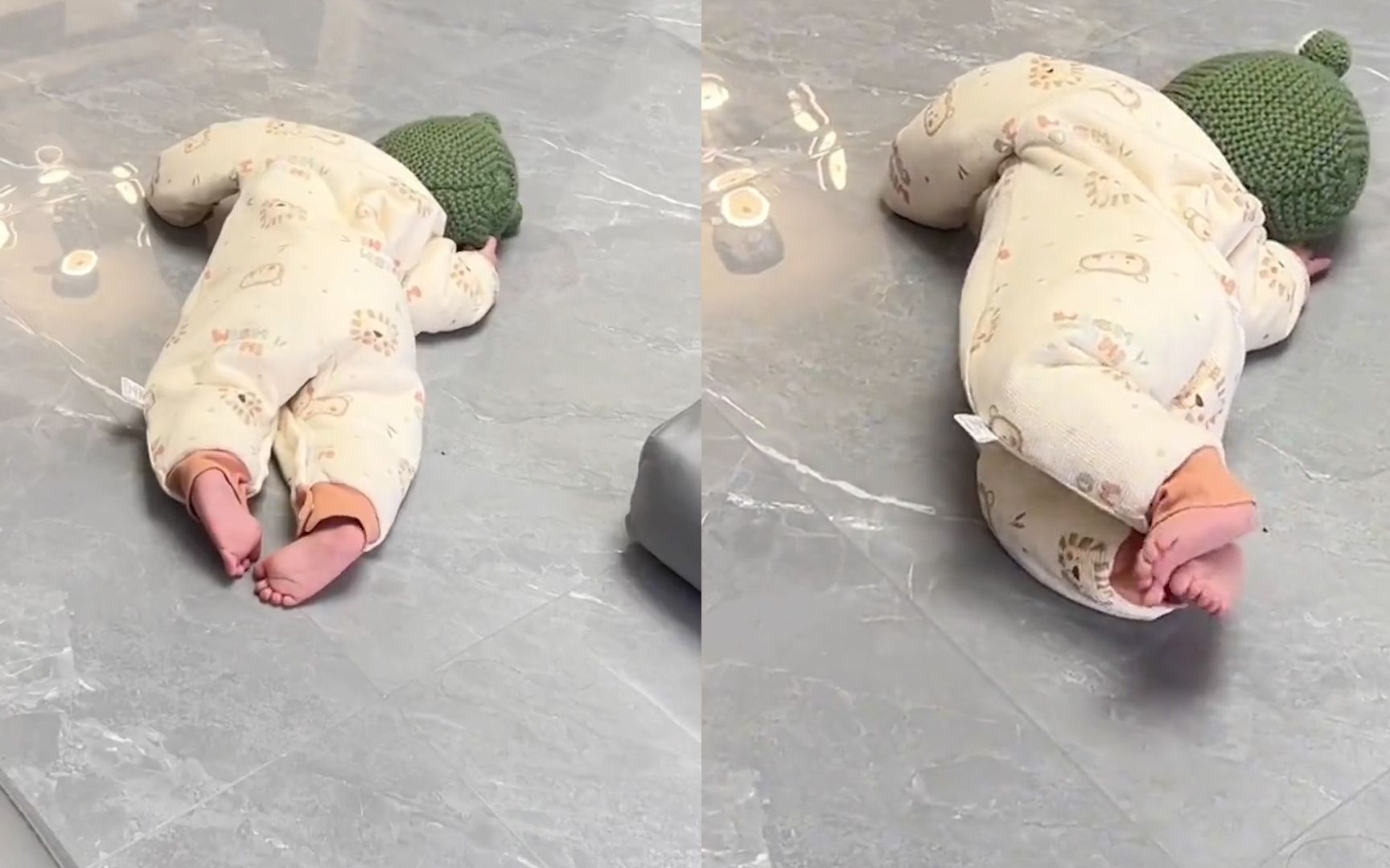 1岁南方宝宝首次体验北方地暖,趴在地板上不愿起来,姿态太惬意