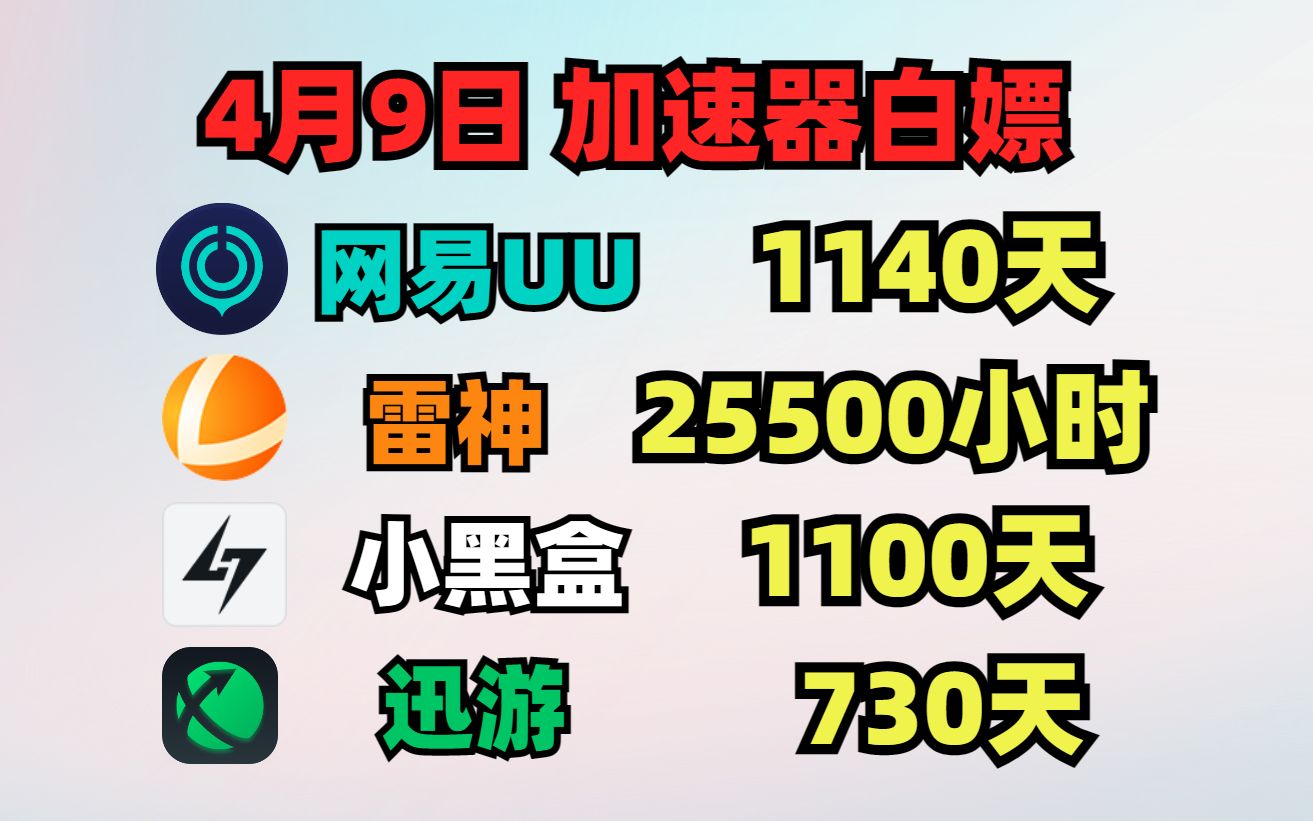 UU加速器4月9日免费白嫖1140天,雷神25500小时!小黑盒1100天!迅游/炽焰/NN 天卡周卡月卡 人手一份!游戏资讯