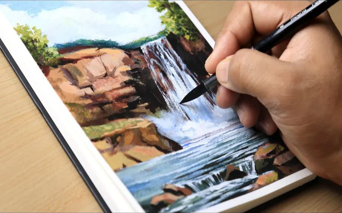 【丙烯画】【绘画教程】瀑布How to Draw Waterfall Landscape Acrylic Painting哔哩哔哩bilibili