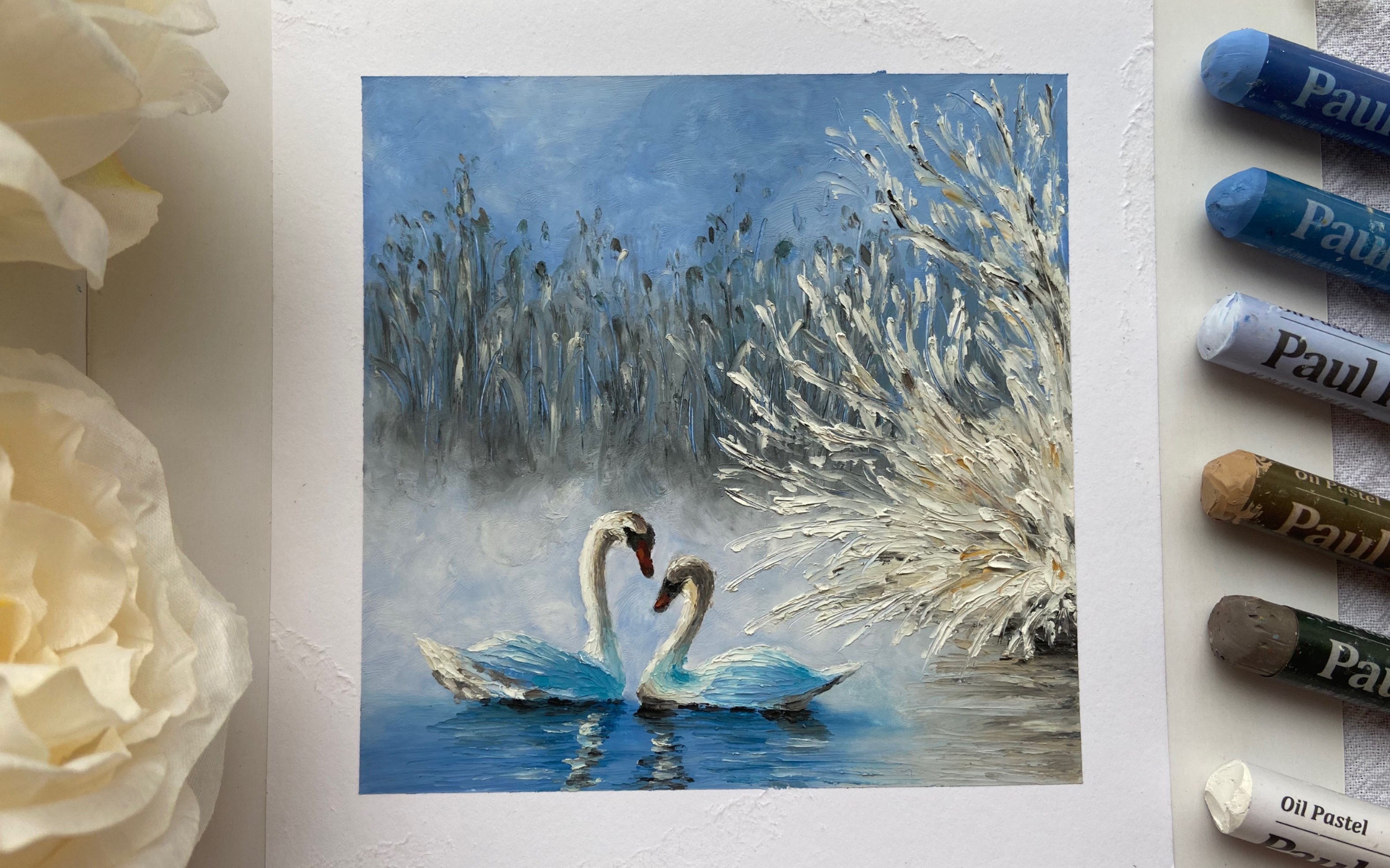 活动作品油画棒画天鹅湖绘画过程附色号