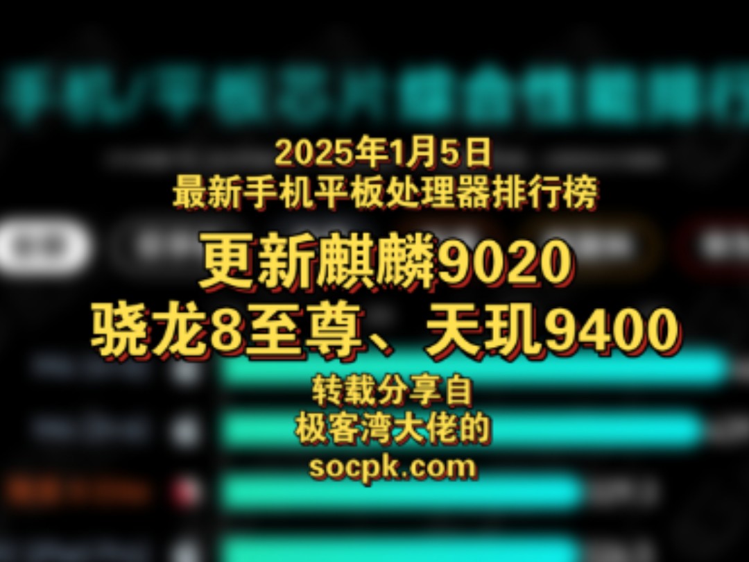 【最新手机平板处理器排行榜】2025年1月5日最新手机平板处理器排行榜,更新麒麟9020、骁龙8至尊版、天玑9400.转载分享自极客湾大佬的socpk.com....