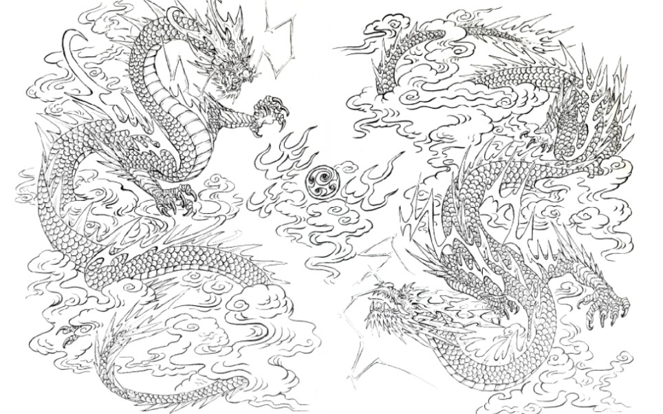 二龙戏珠线描图片