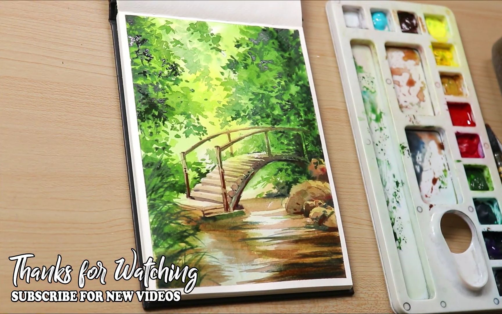 美丽的小桥流水水彩画