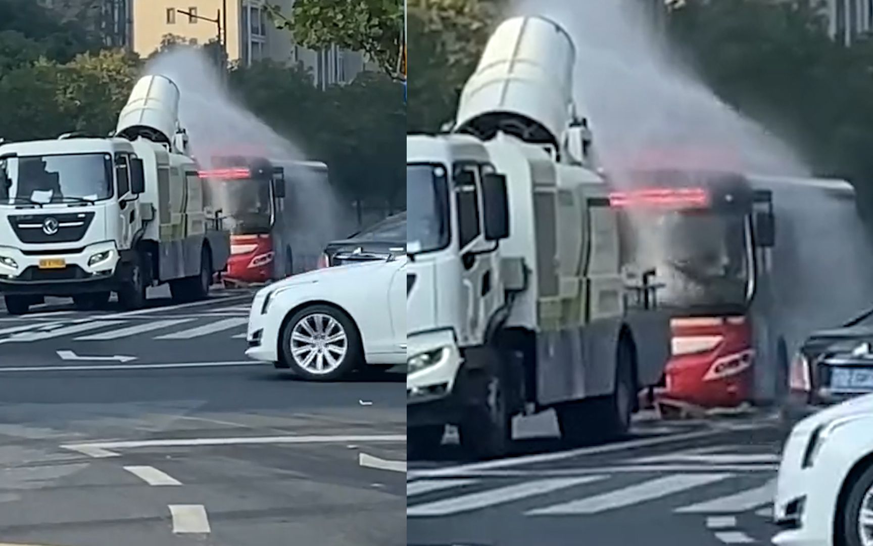 [图]公交车躲洒水车后面蹭水洗车，偷开雨刮器左右晃动，网友：局部偏爱