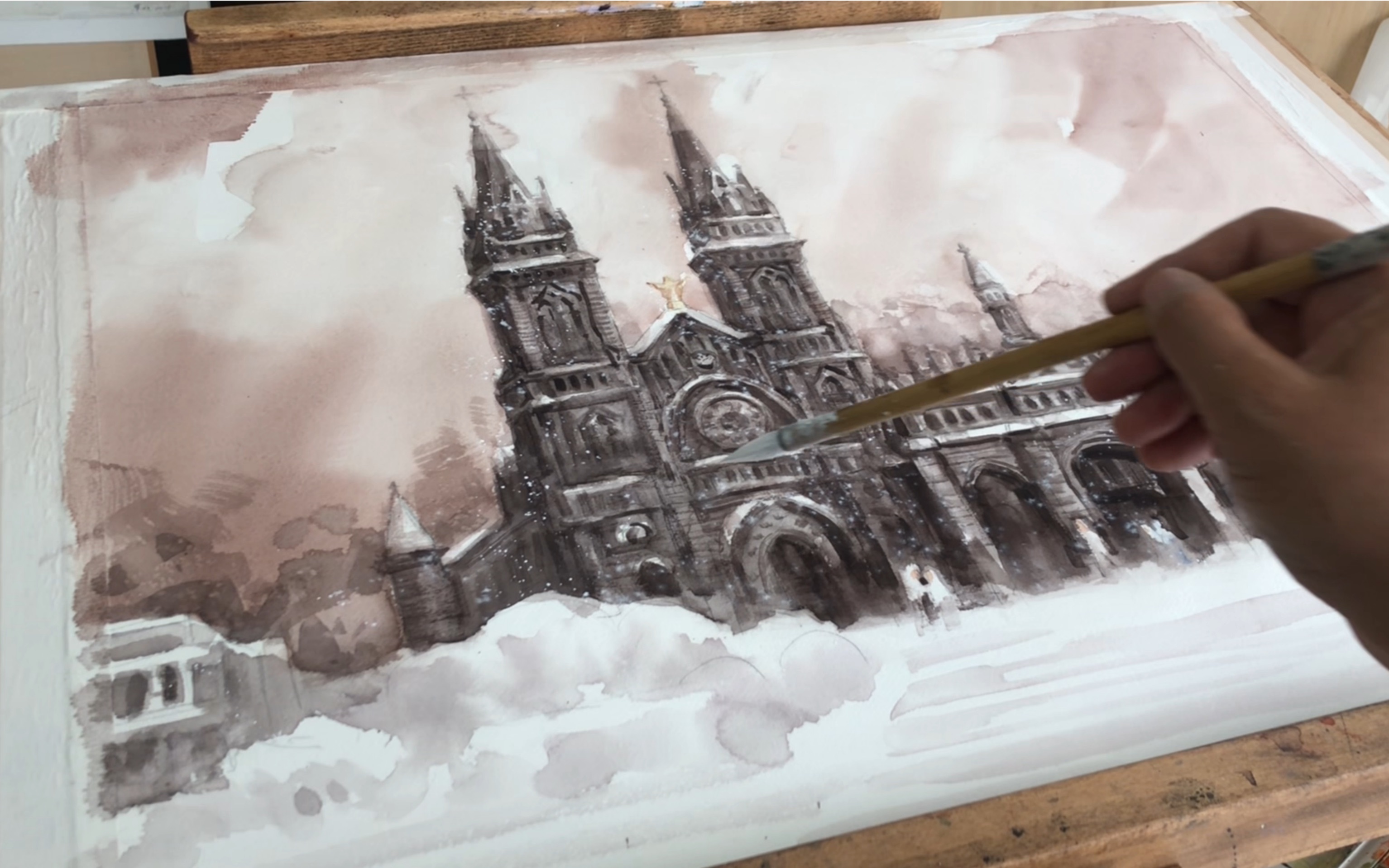 李旭水彩作品《沈阳天主教堂》绘画过程