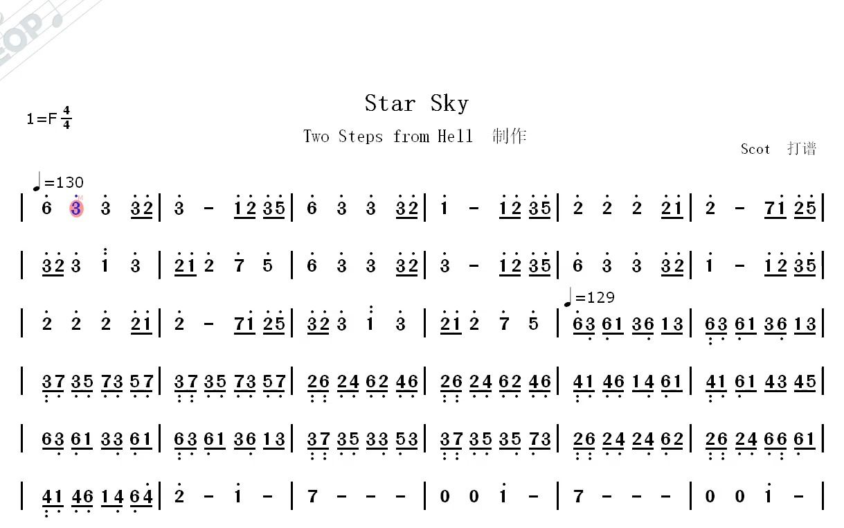 [图]【超燃BGM】Star Sky（Two Steps from Hell 制作）--动态简谱