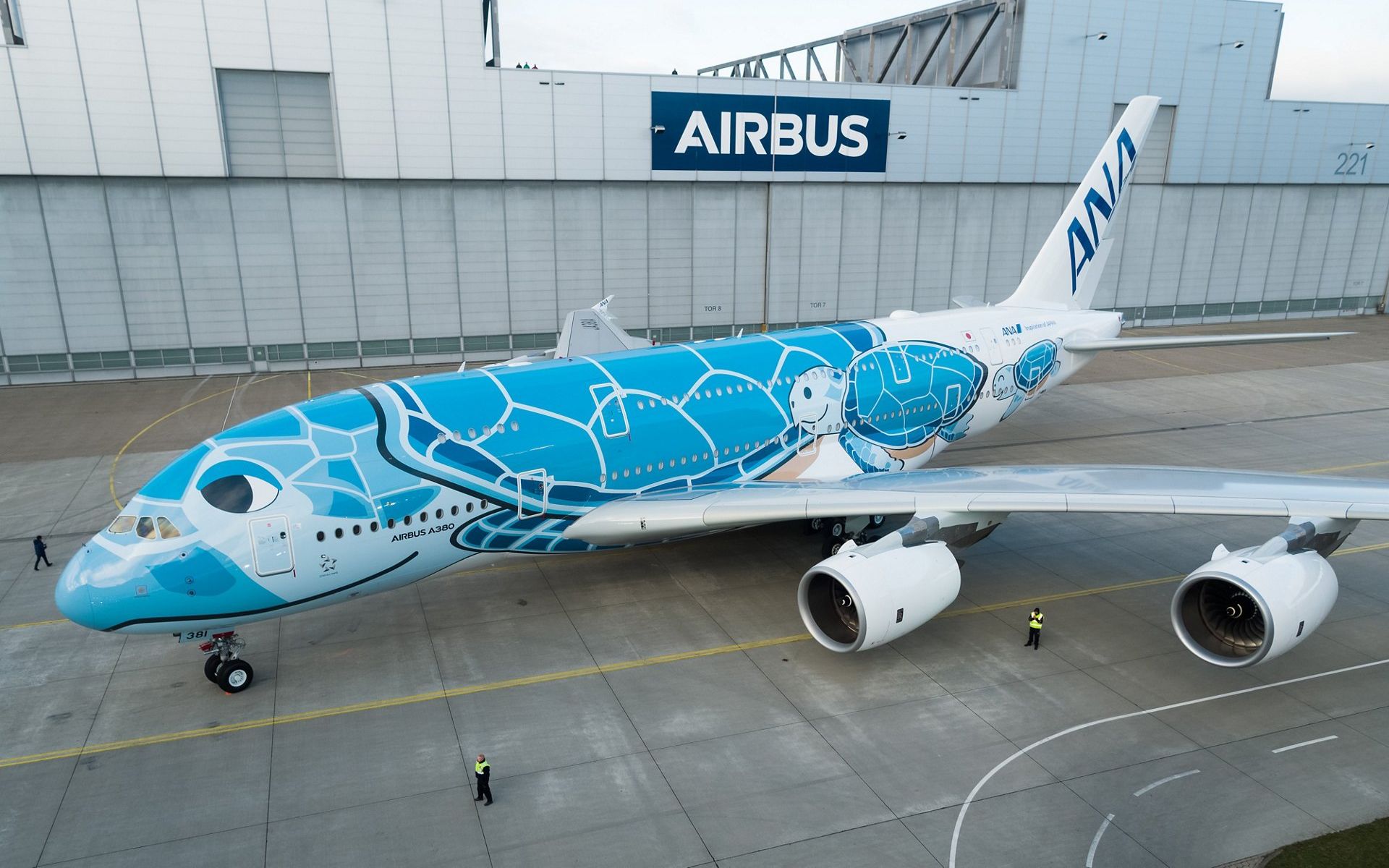 first ana a380 rolls-out of airbus paintshop with unique livery