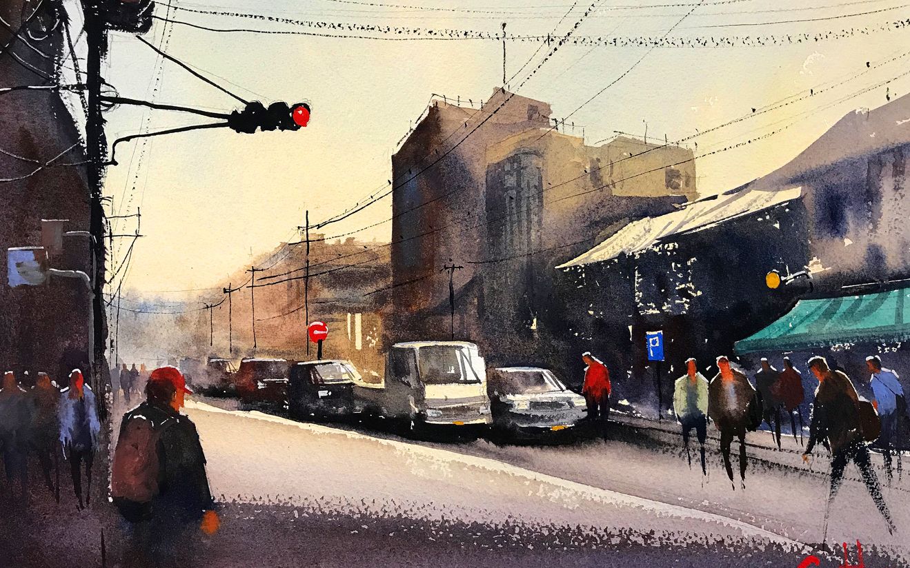 马丁涂图水彩画全过程京都街道