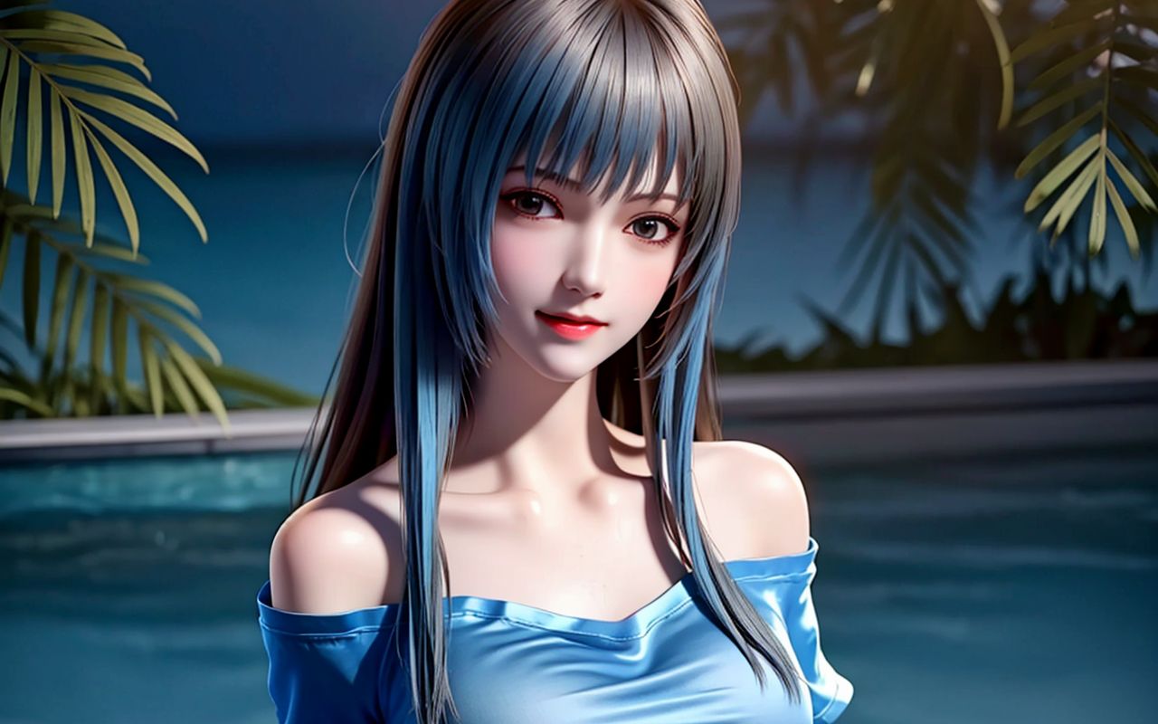 国漫女神天使彦,今天是略带几分小性感的蓝色露肩t恤