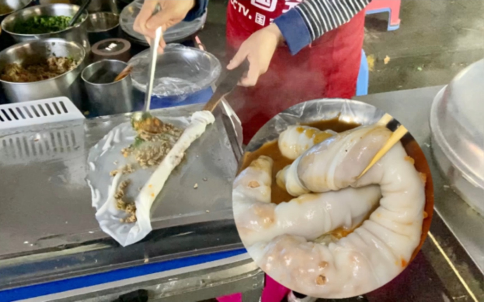 广西夜市卷筒粉小摊,最低2.5元一份,爽滑又解馋,吃着真香啊!