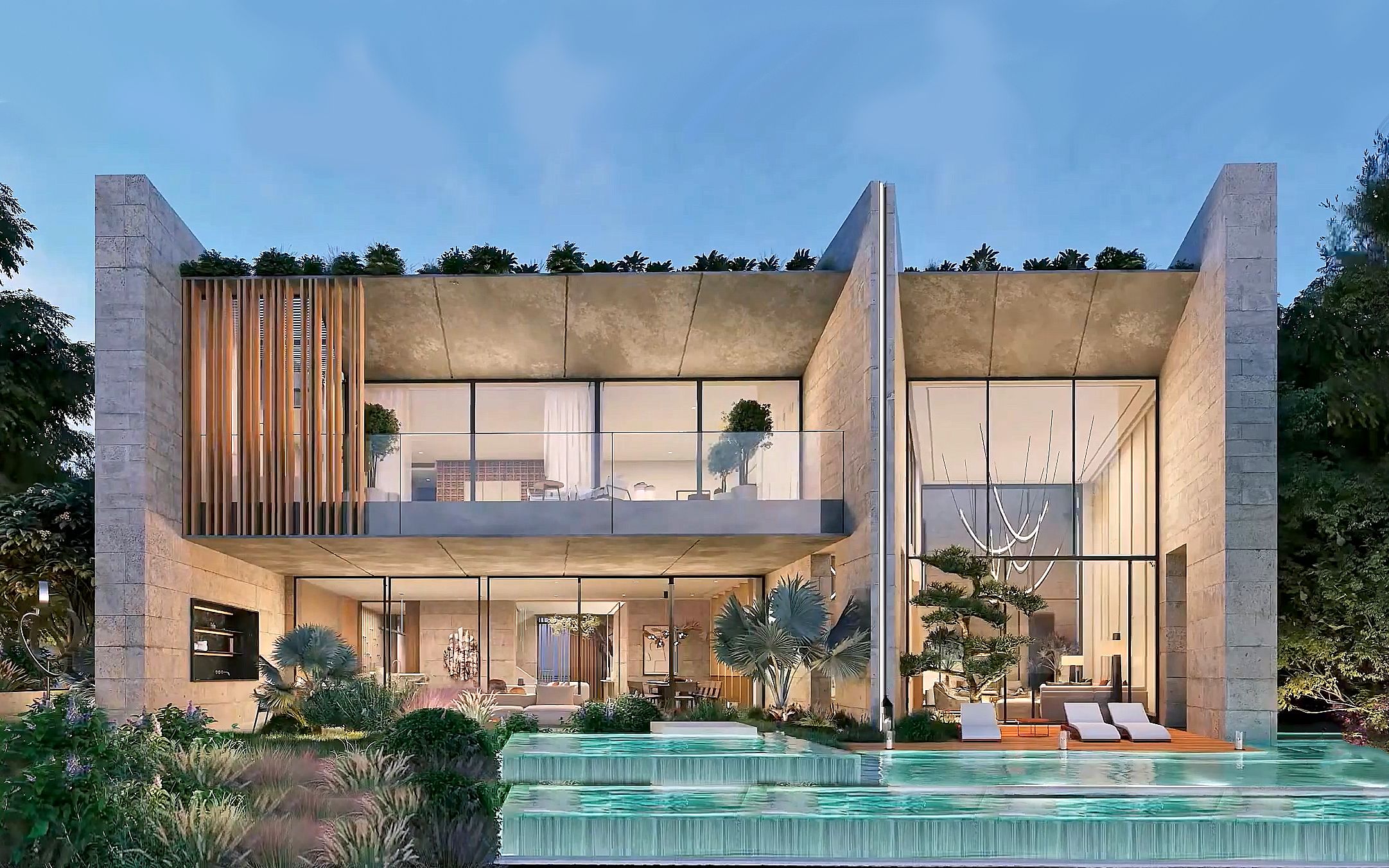 迪拜现代别墅设计案例,高端轻奢风装修设计,半室内瀑布景观令人心旷神