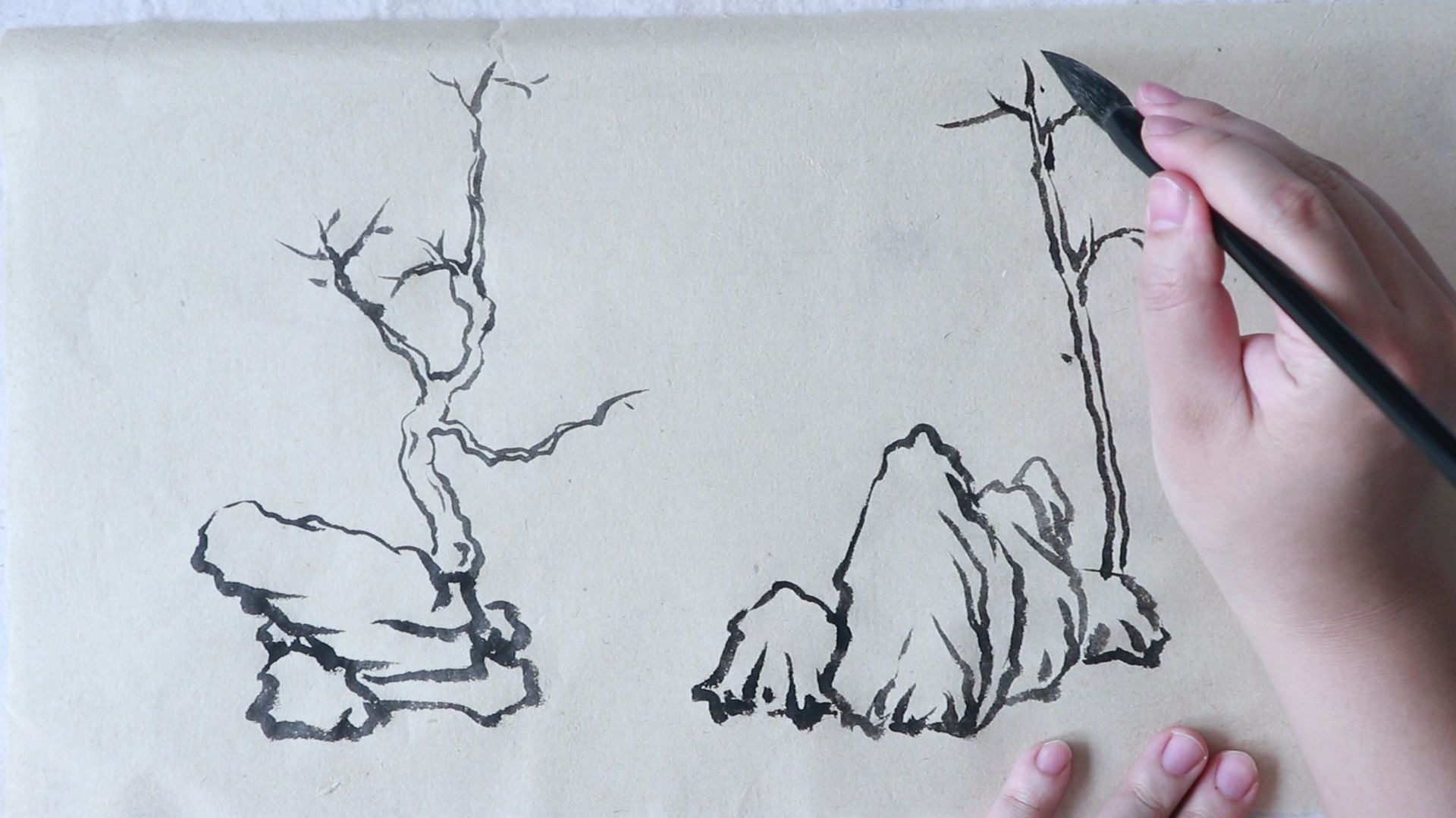 (树石法组合临摹作业)山水画零基础第21课(2020年16周)