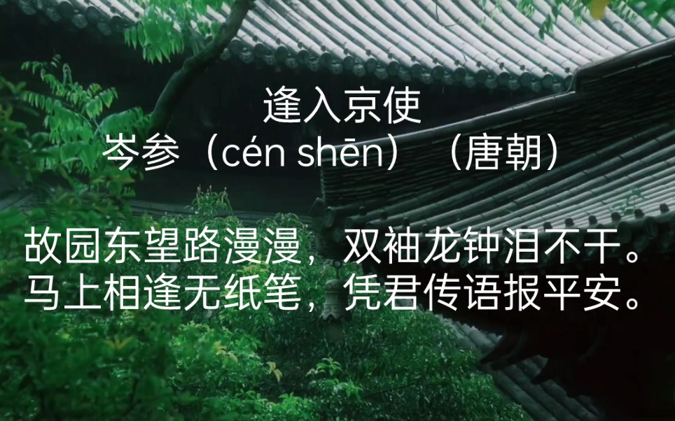 每天打卡一首古诗词:逢入京使岑参(c㩮 sh䓮)(唐朝)故园东望路漫漫,双袖龙钟泪不干.马上相逢无纸笔,凭君传语报平安.哔哩哔哩bilibili