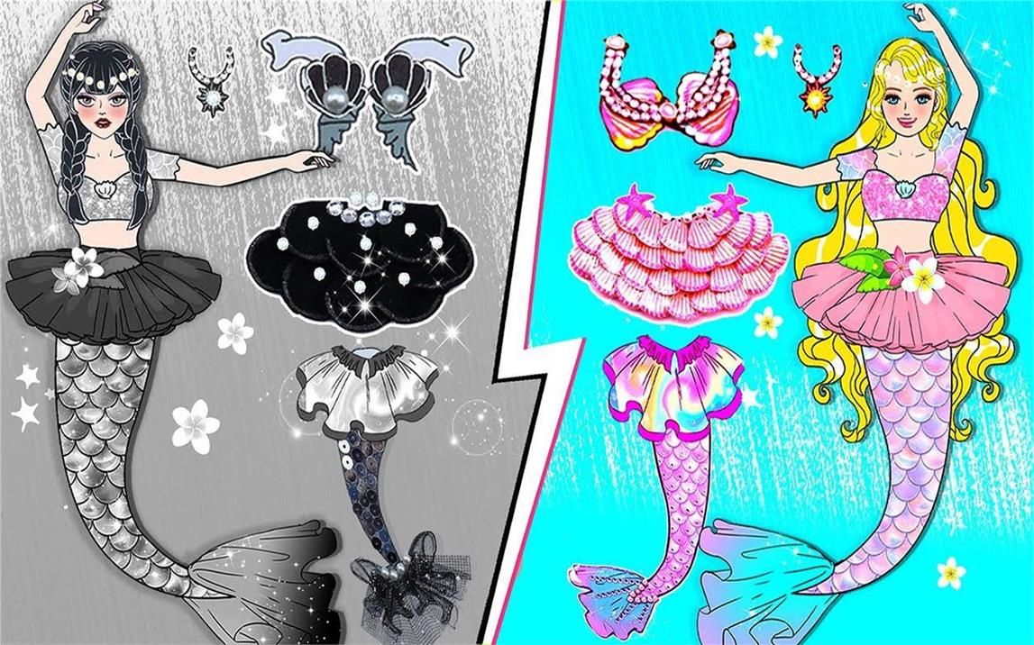 纸娃娃动画:黑色星期三vs粉红长发公主,美人鱼鱼尾裙,谁的更漂亮?