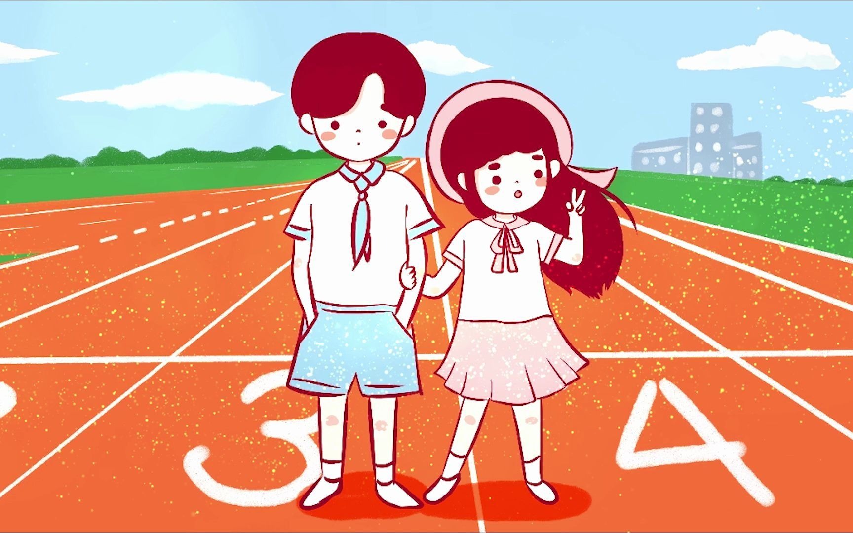 高中校园操场恋爱中的小情侣校服