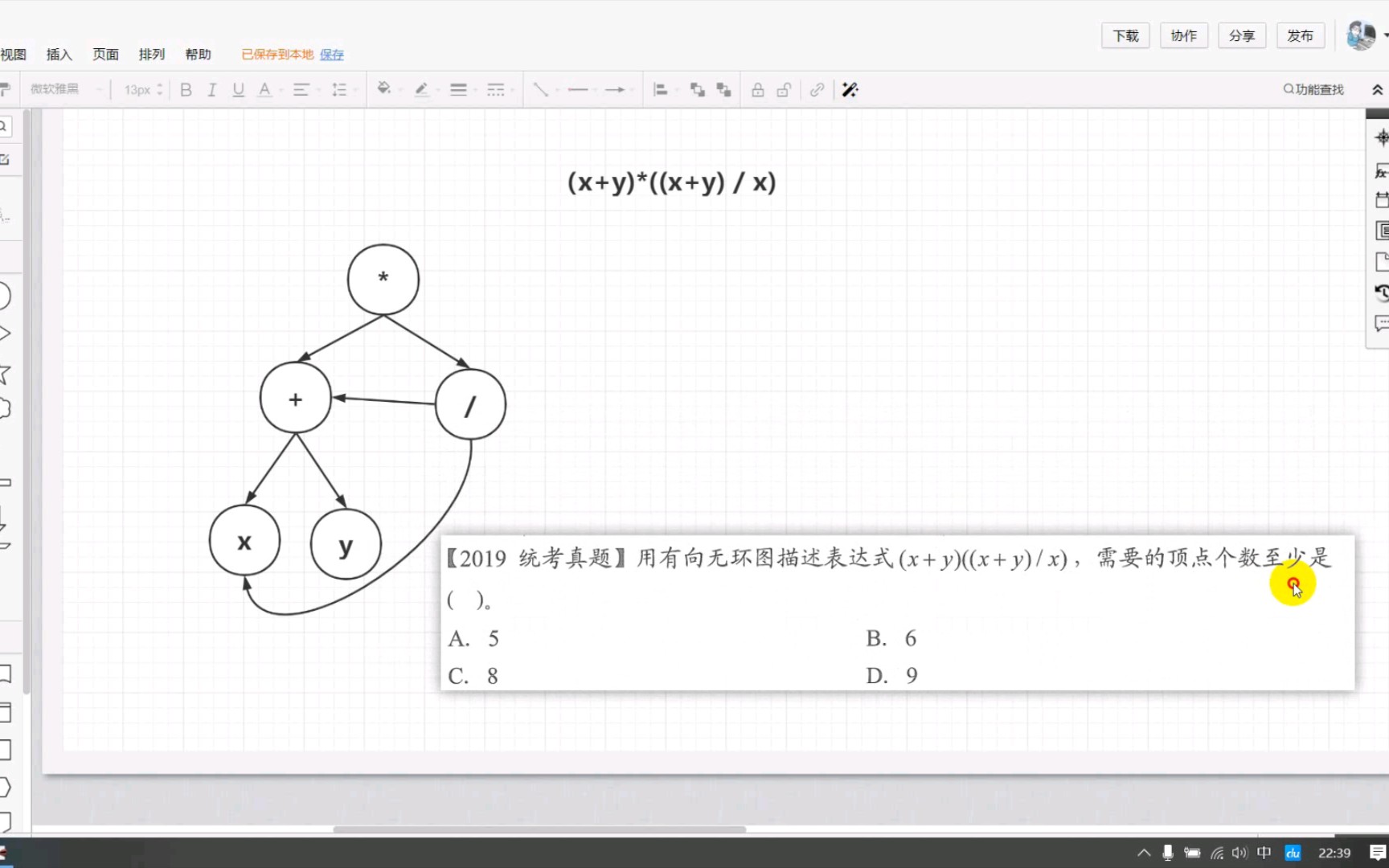 又快又准做对考研真题【【2019统考真题】用有向无环图描述表达式(x+ y)((x+)/x),需要的顶点个数至少是 (). A. 5 B. 6 C.8 D.9】哔哩哔哩bilibili