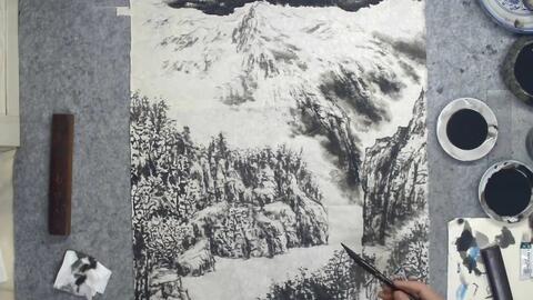 水墨山水画如何表现雪山的云雾缭绕与雪，留白要自然，笔根用力_哔哩哔