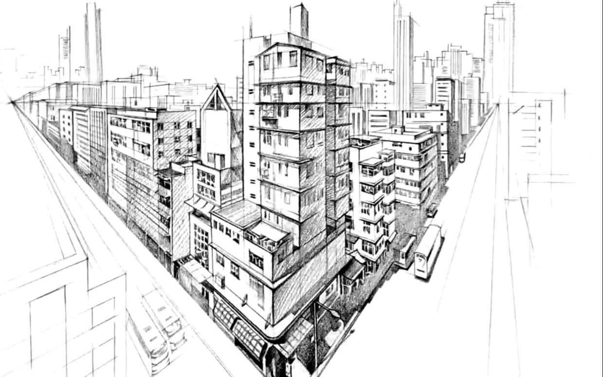 要读建筑系的看过来,城市建筑俯瞰透视图画法,素描基础,建筑系绘图