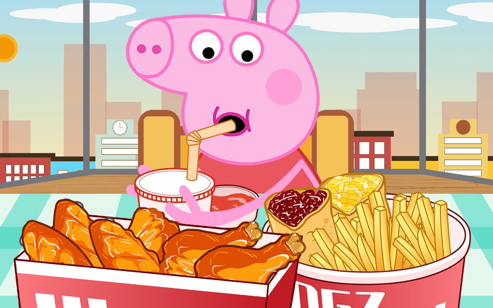 动画美食:小猪佩奇吃薯条喝可乐好快乐