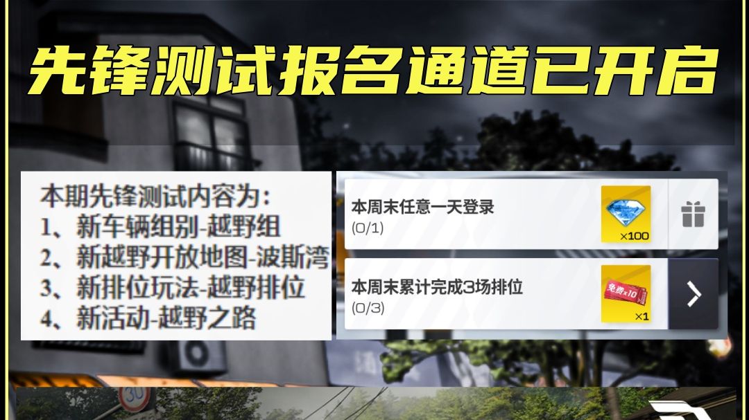 【先锋测试报名通道已开启】本期先锋测试内容为:1、新车辆组别越野组;2、新越野开放地图波斯湾;3、新排位玩法越野排位;4、新活动越野之路!