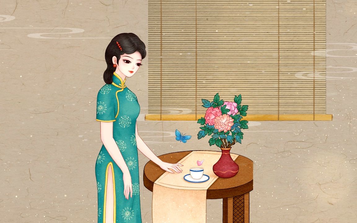 国潮赏花戏蝶旗袍美女