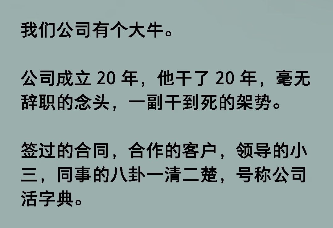 我们公司有个大牛.公司成立20年,他干了20年,毫无辞职的念头,一副干到死的架势.签过的合同,合作的客户,领导的小三,同事的八卦一清二楚《风听...