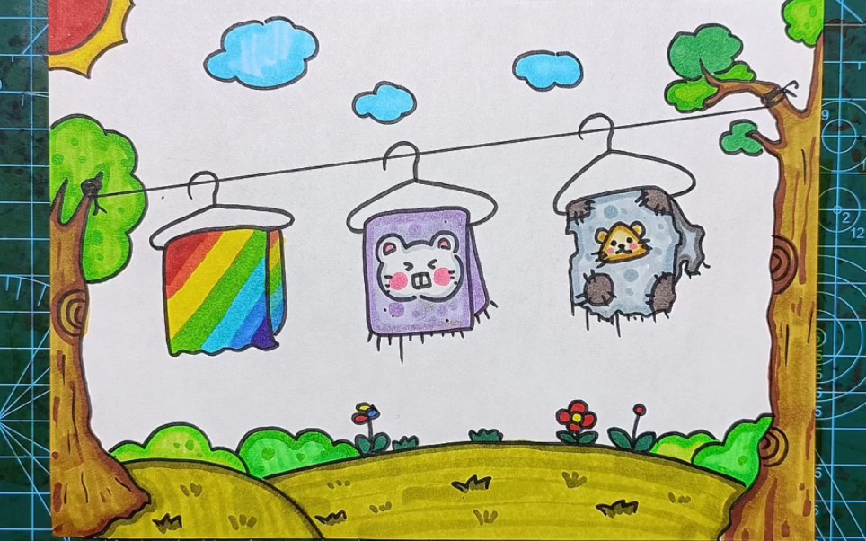 一家三口画的毛巾