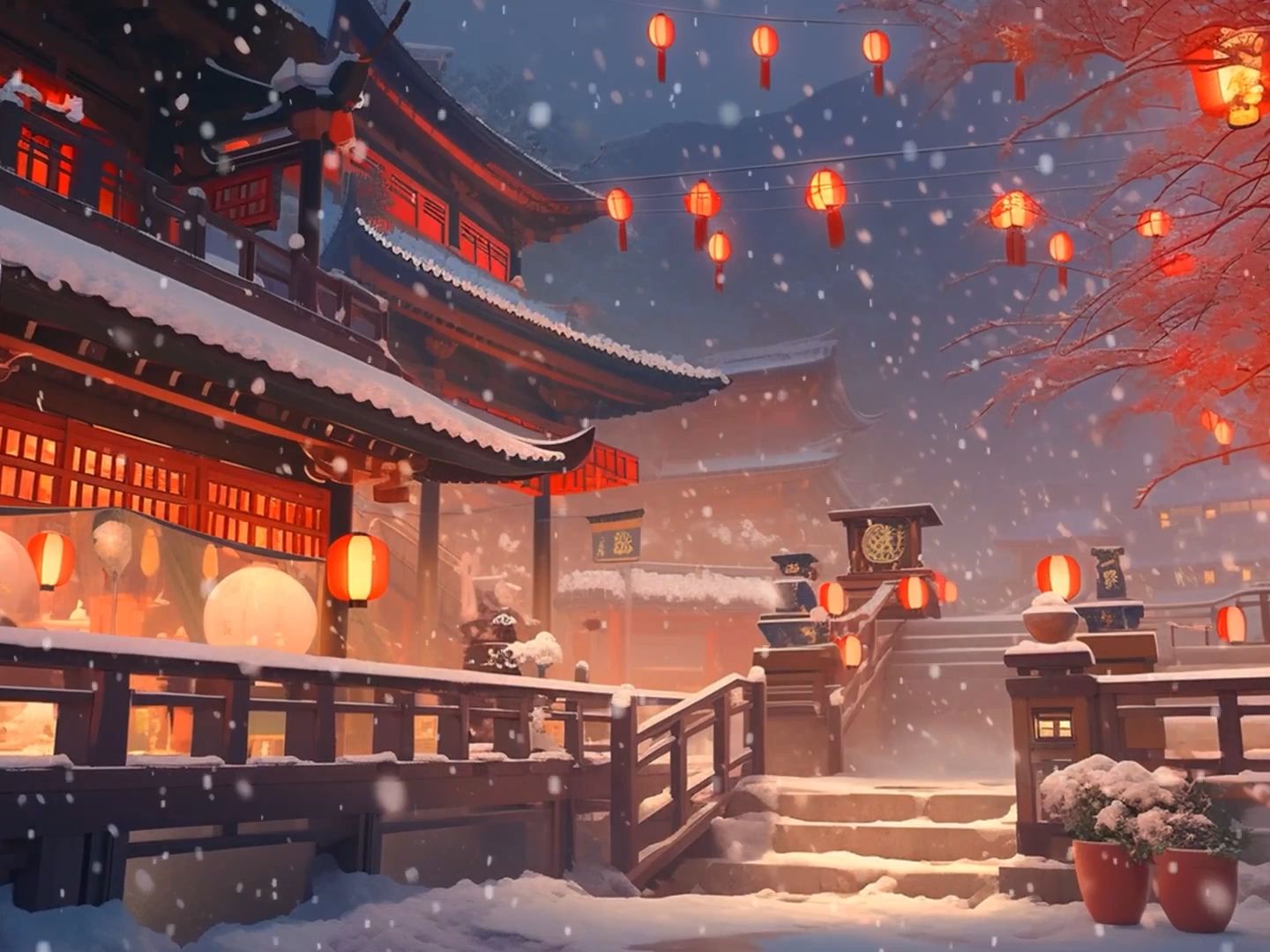 国风休息自习室}夜晚大雪红灯笼古风喜庆卡通建筑,宫崎骏好听背景音乐