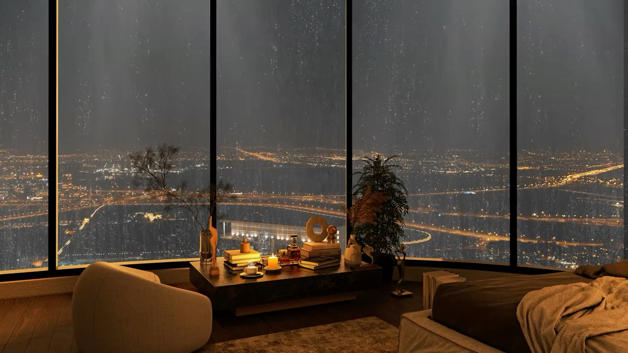 雨夜温馨舒适的公寓,爵士音乐和城市夜景