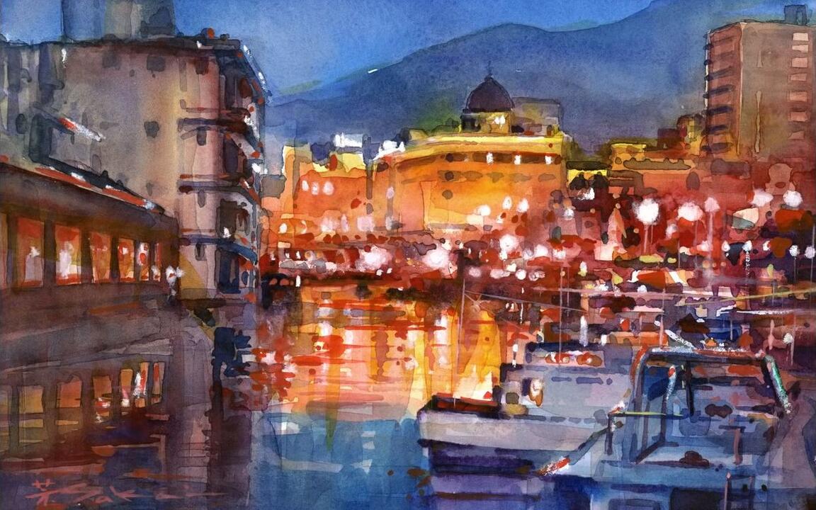 小樽運河夜景 水彩画 (F4) 小樽運河夜景 水彩画 (F4) 小樽運河夜景