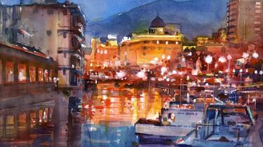 新発売】今週の市販 小樽運河夜景 水彩画 絵画 - 絵画 - (F4